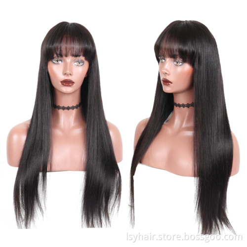 Lsy Long Silky Straight 360 Frontal Full Lace Wigs With Front Chic Bangs Fringe 150% Density 100% Indian Human Hair Wigs